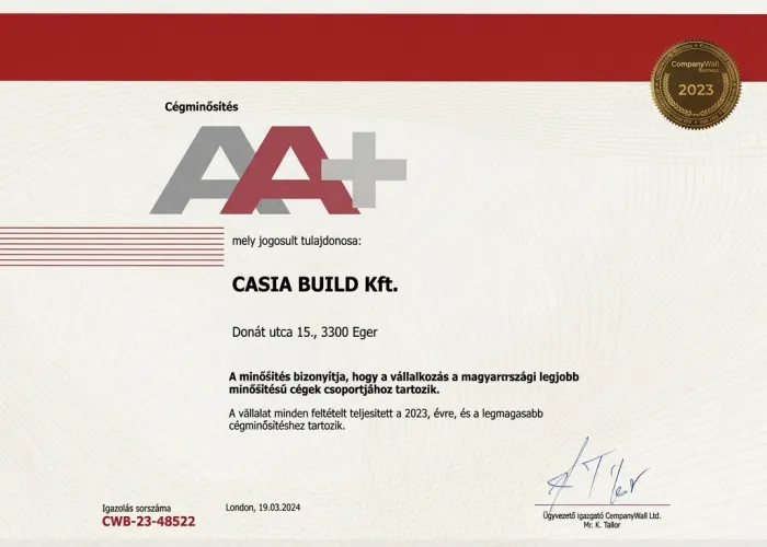 Megbízhatóságunk záloga: AA+ minősítés - Casia Build Kft